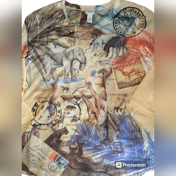 Chico's African ๐๐๐ฆ๐ฆ๐ฆ๐ฆ๐ฆpassport colorful 3/4 sleeve top size2 - Picture 5 of 10